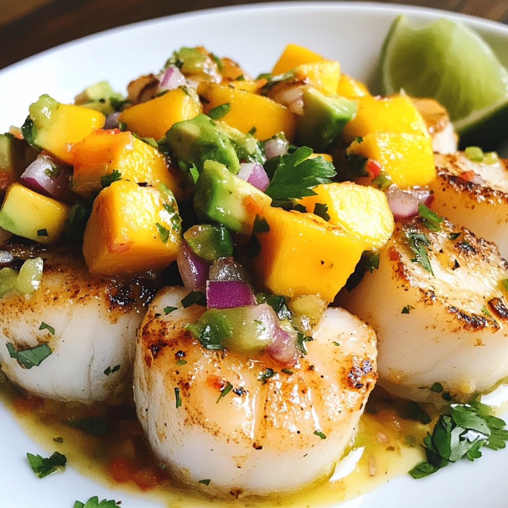 Brochettes de pétoncles sur salsa fruitée