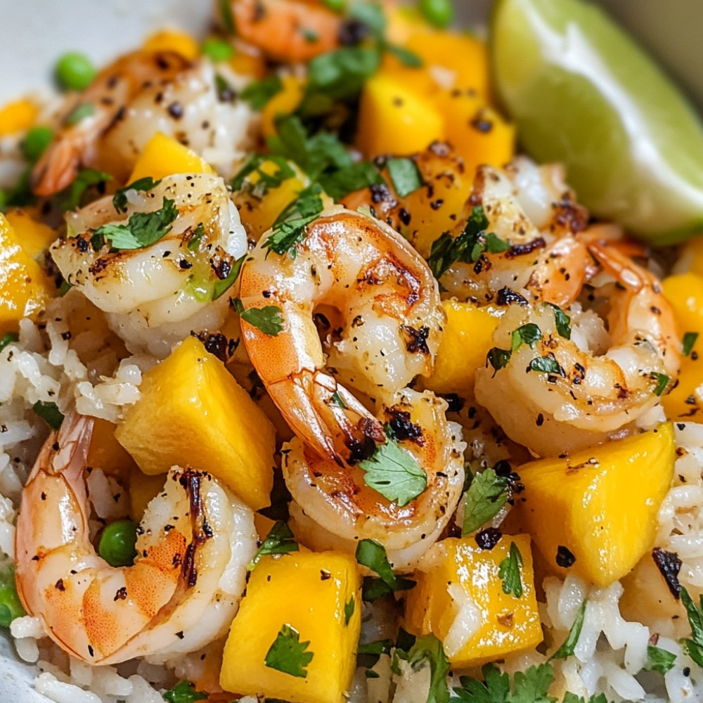Crevettes grillées sur salade de riz et mangue