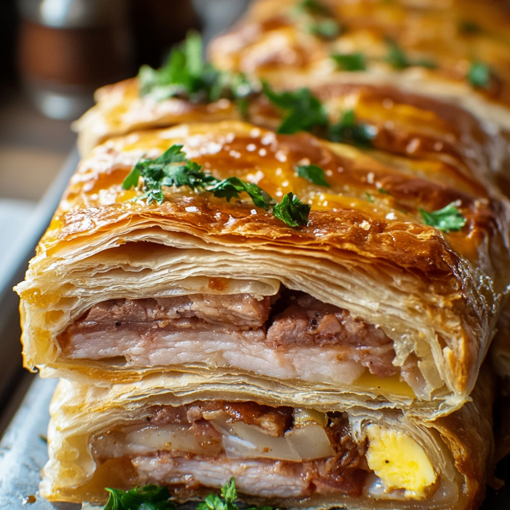 Feuilleté au porc effiloché sur la plaque