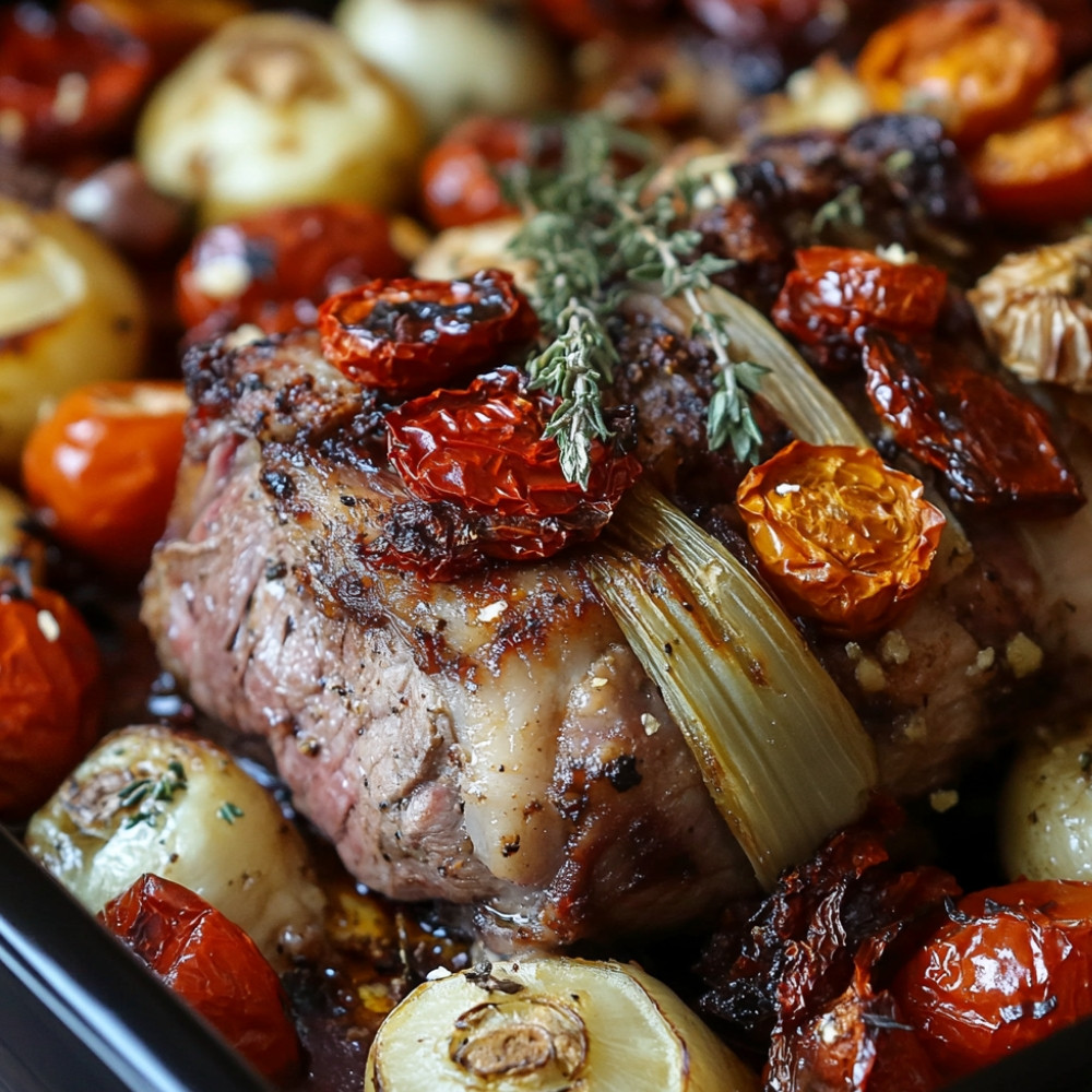 Gigot d'agneau aux légumes et tomates confites