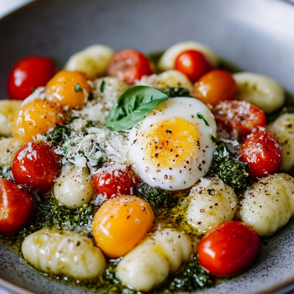 Gnocchis au pesto et œufs pochés