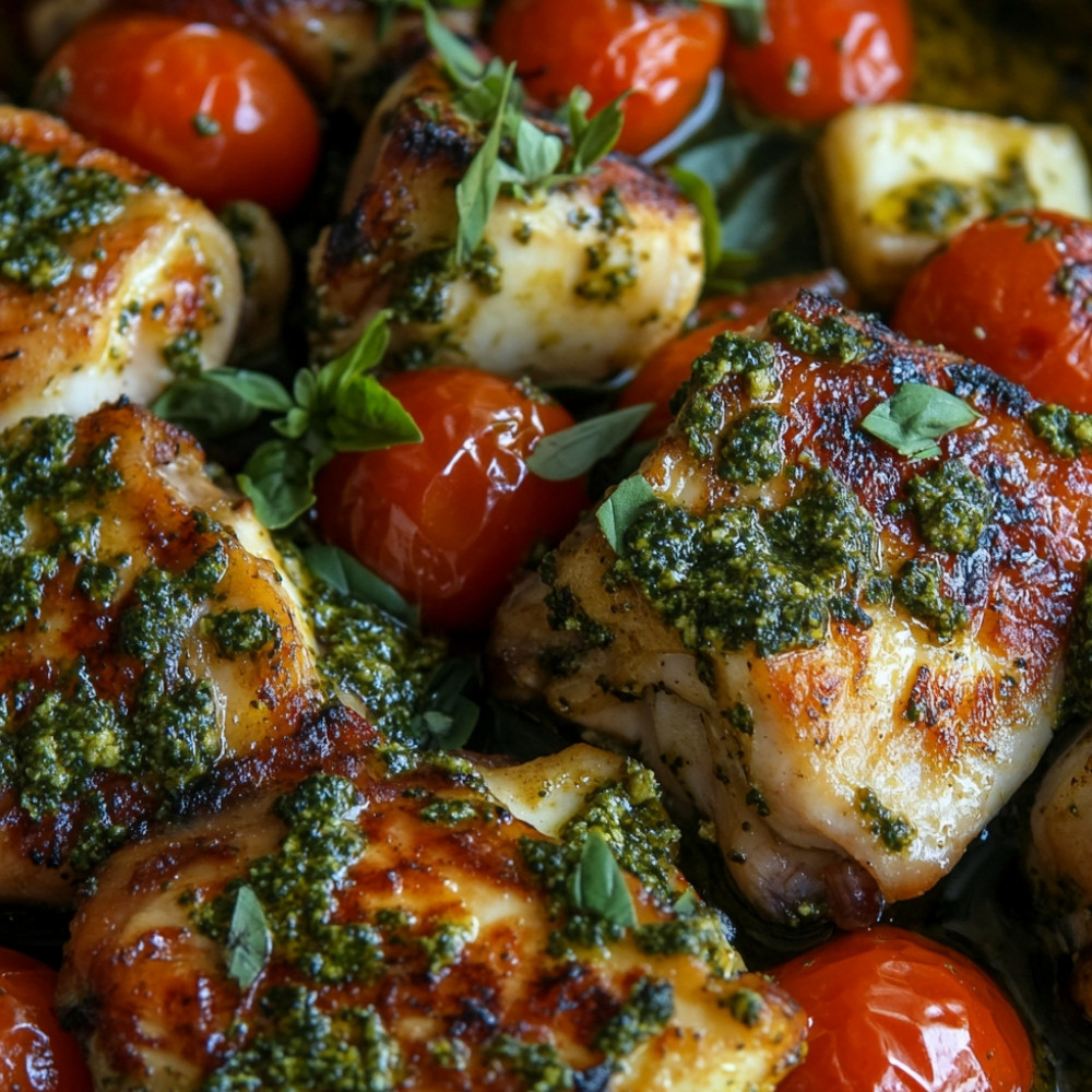 Hauts de cuisses au pesto, tomates et halloumi