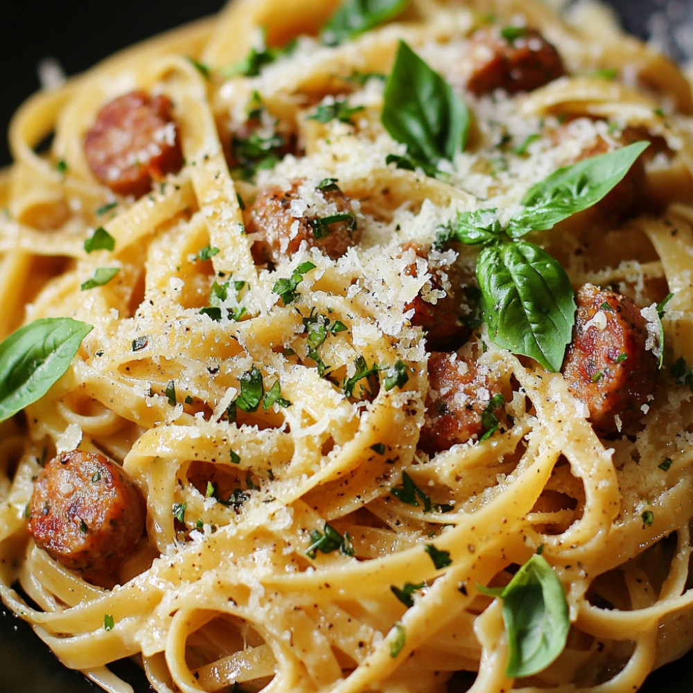 Linguines crémeux à la saucisse croustillante