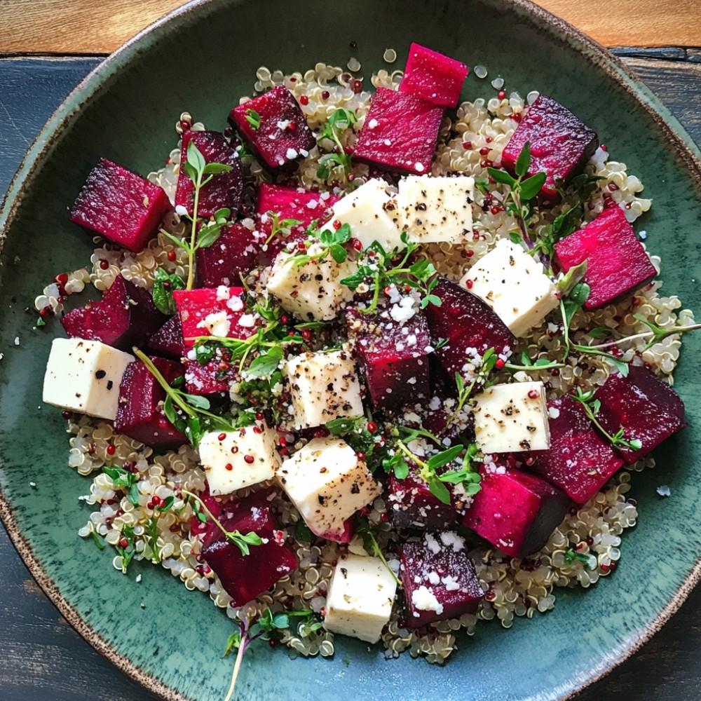 Longe d'agneau sur salade de quinoa et betteraves avec feta fouettée