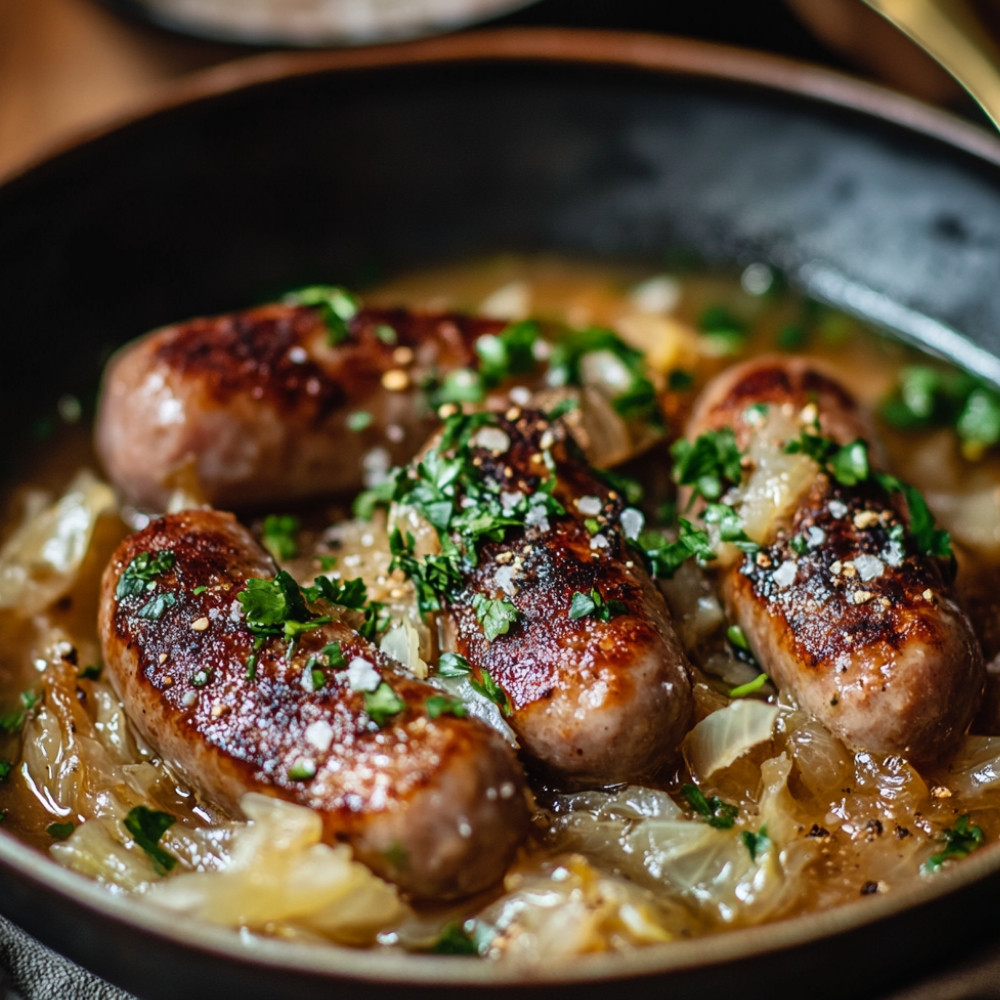 Plaque de saucisses et chou à la soupe à l'oignon