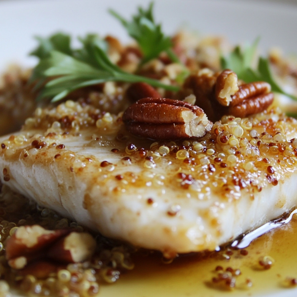 Poisson blanc en croûte de quinoa, érable et pacanes à l’air fryer