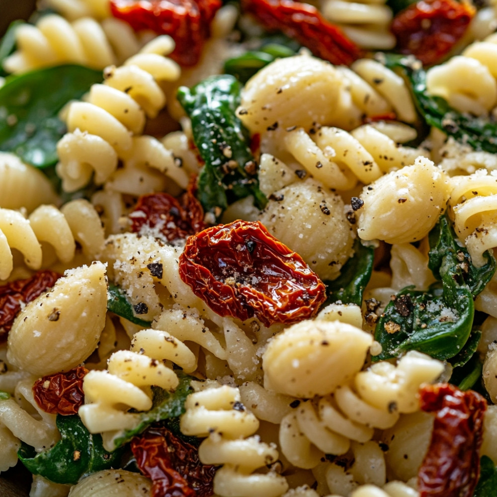 Salade de pâtes aux épinards, fromage et tomates séchées