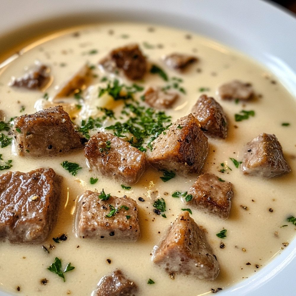 Soupe crémeuse aux cubes de veau