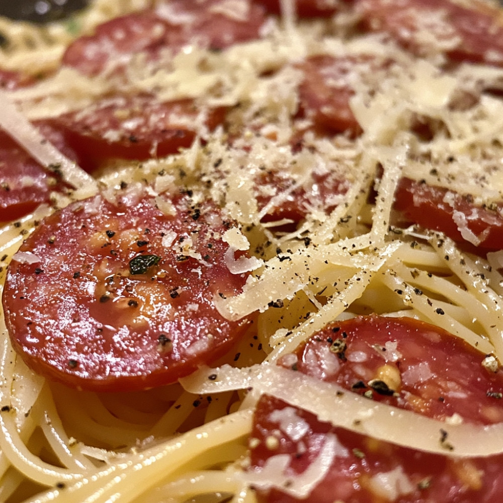 Spaghetti au salami et tomates