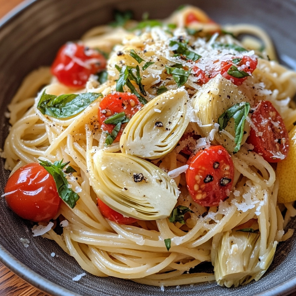 Spaghettis au citron, tomates et artichauts