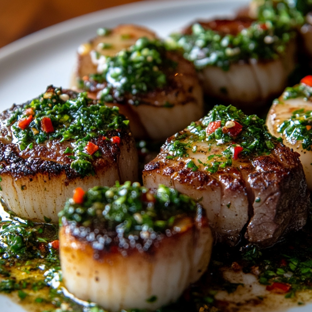 Surf and turf boeuf et pétoncles au chimichurri