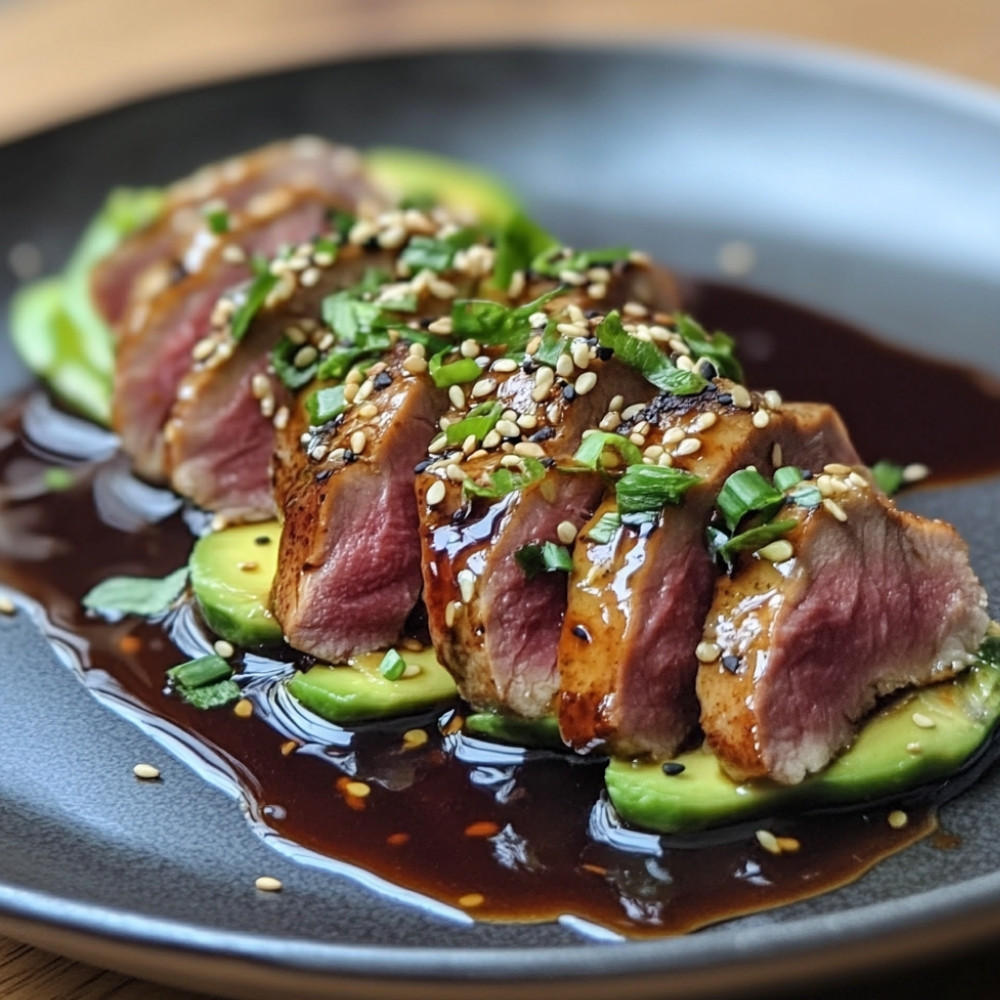 Tataki de magret de canard sur purée d'avocat