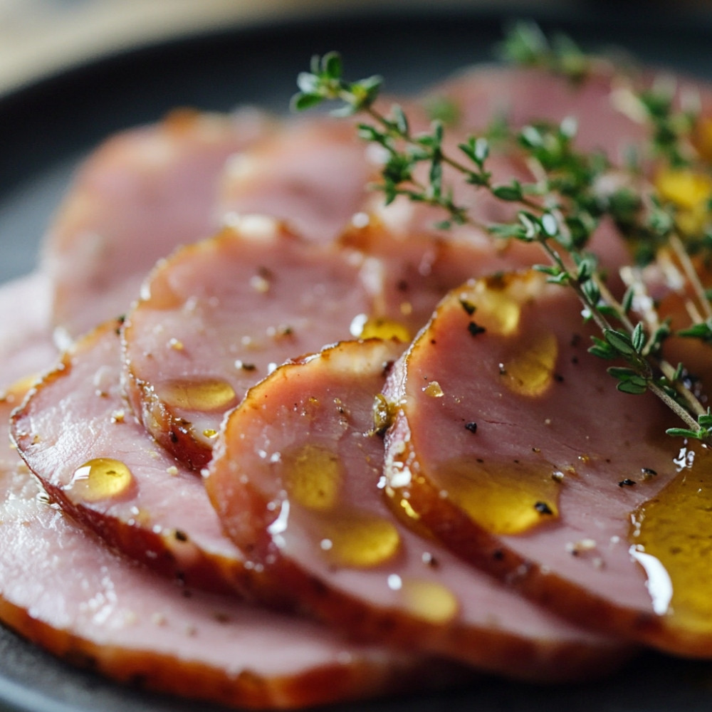 Tranches de jambon moutarde et miel sur la plaque