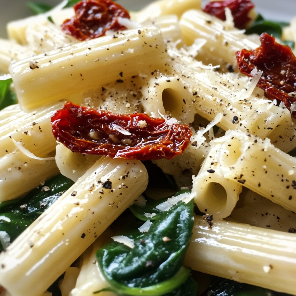 Salade de pâtes aux épinards, fromage et tomates séchées