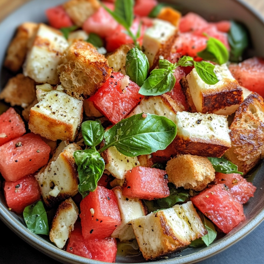 Salade panzanella au halloumi et melon d'eau