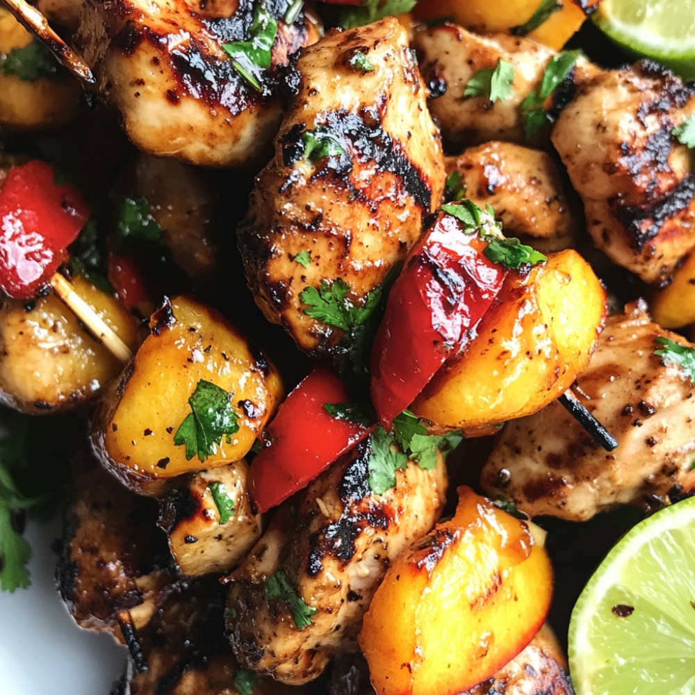 Poulet grillé au miel et à l’ail avec pêches et piments marinés