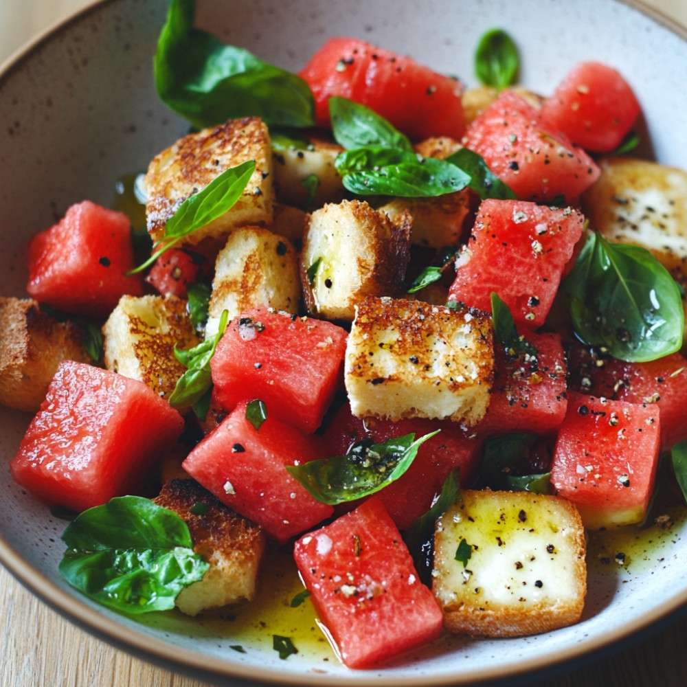 Salade panzanella au halloumi et melon d'eau