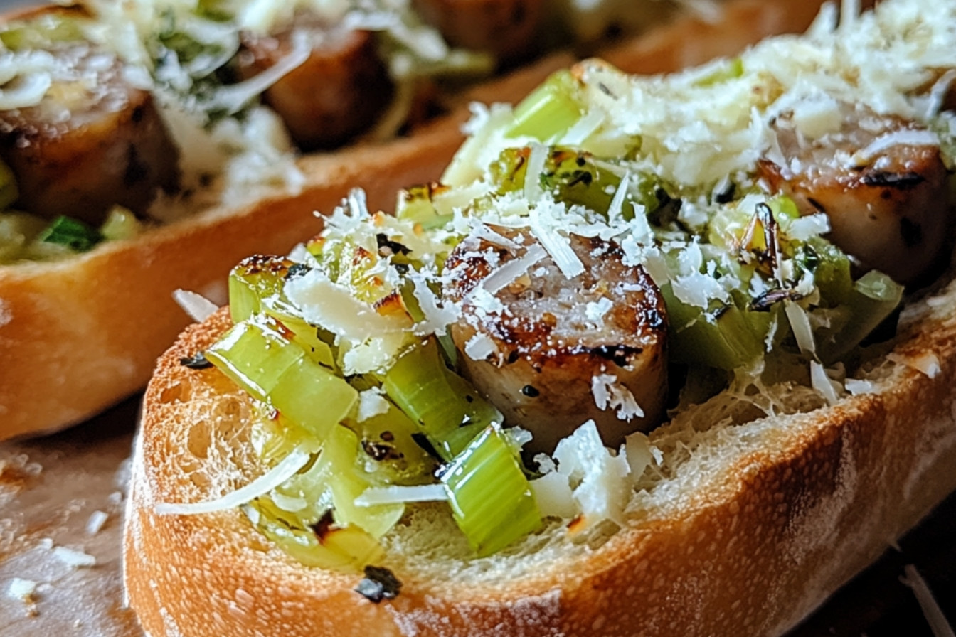 Baguette aux saucisses, poireaux et fromage à la crème