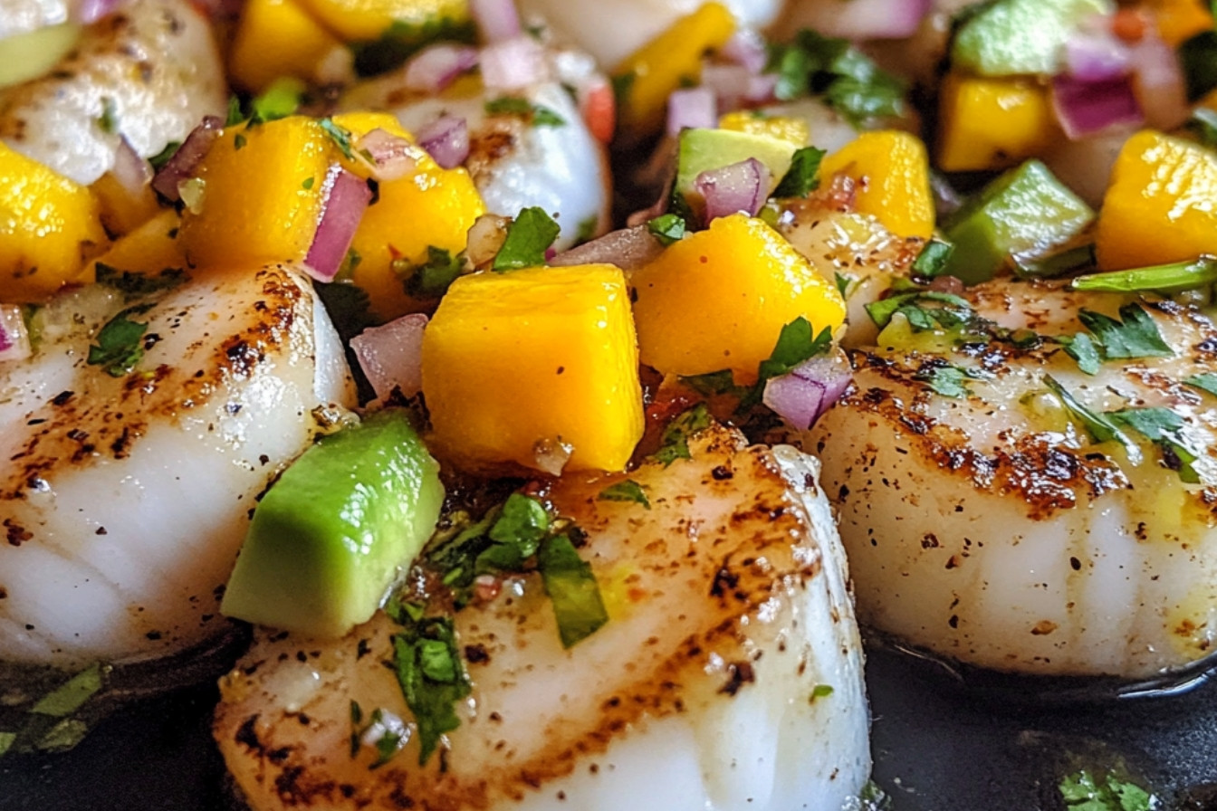 Brochettes de pétoncles sur salsa fruitée