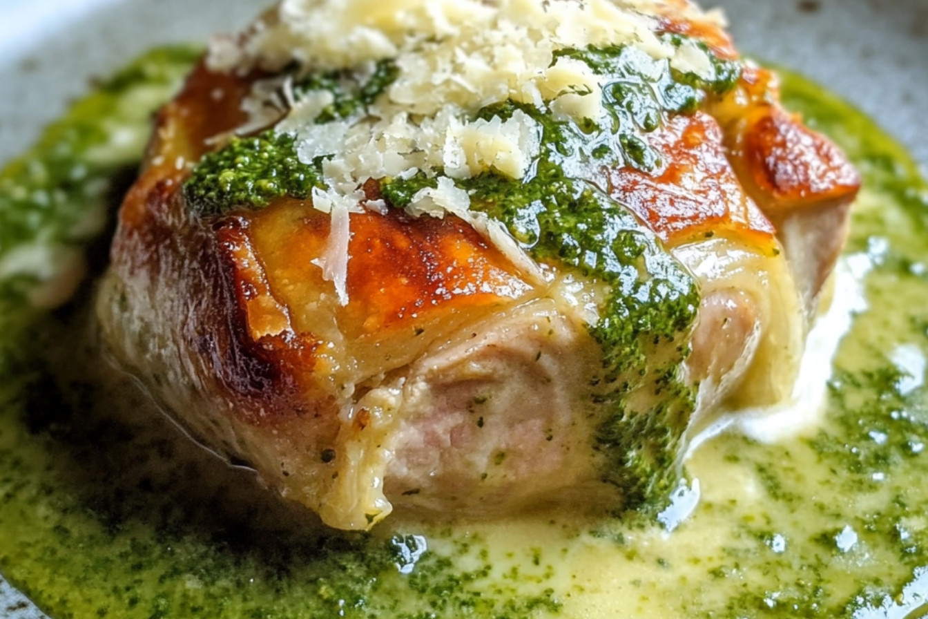 Côtes de veau en croûte, sauce crémeuse au pesto