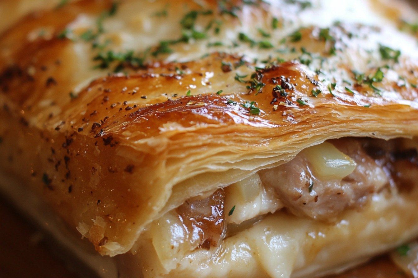 Feuilleté au porc effiloché sur la plaque