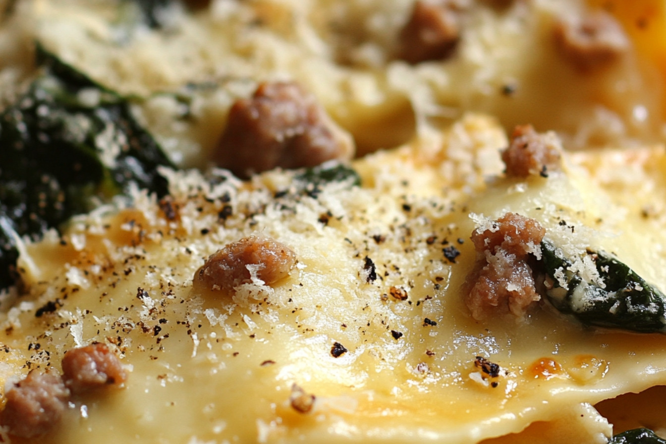 Lasagne de raviolis, épinards et saucisses