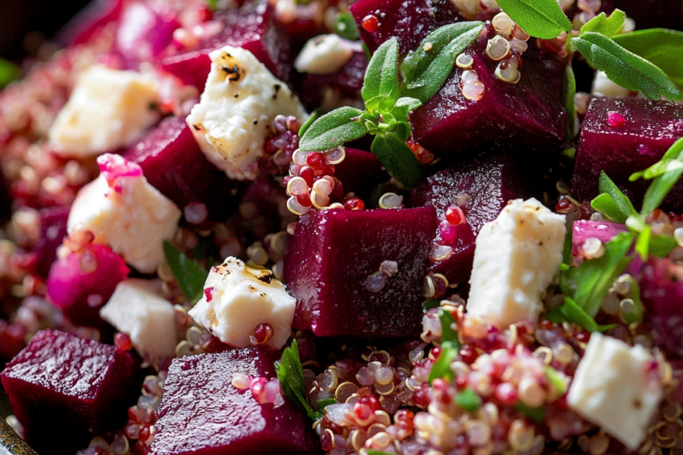 Longe d'agneau sur salade de quinoa et betteraves avec feta fouettée