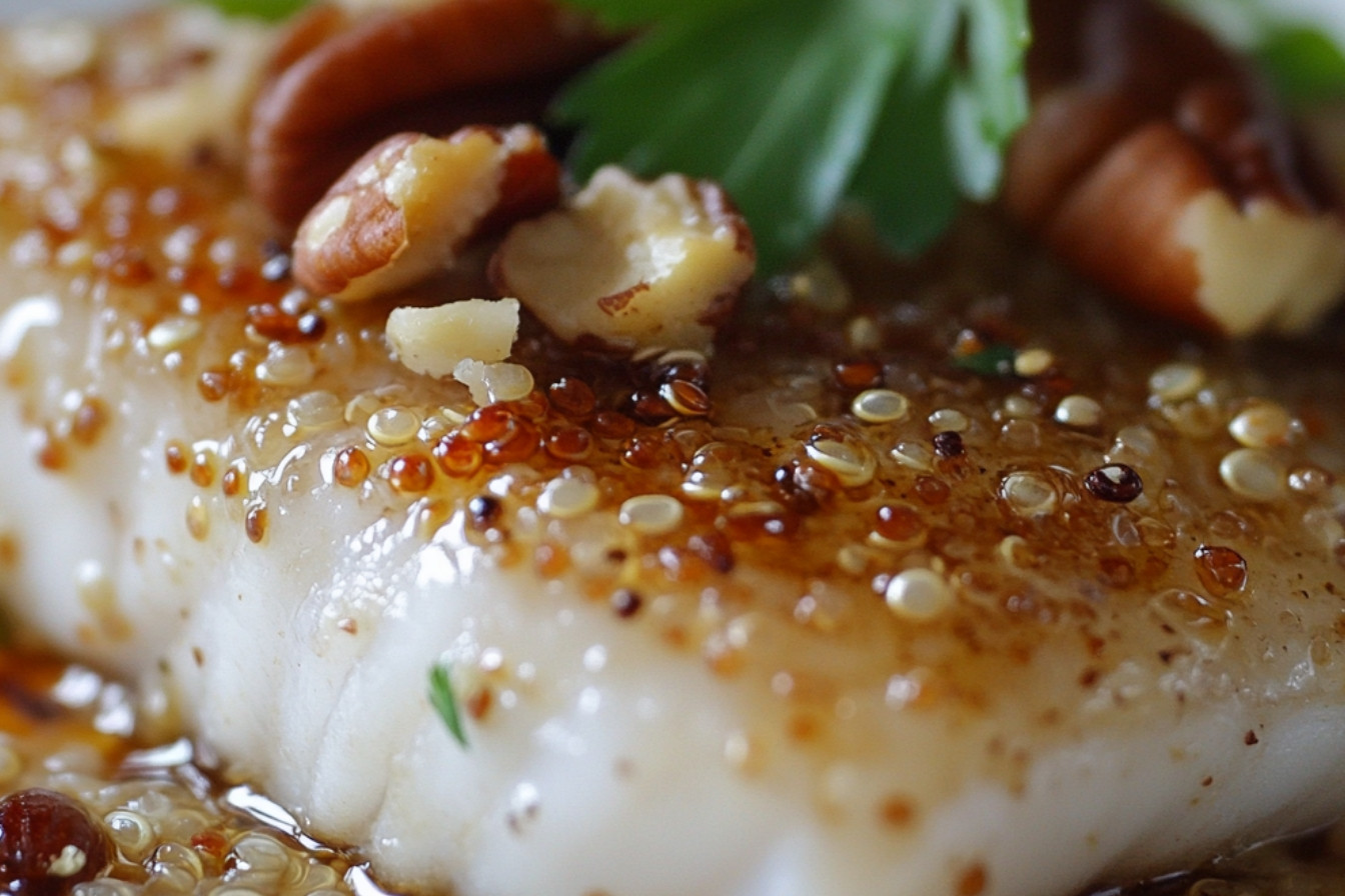 Poisson blanc en croûte de quinoa, érable et pacanes à l’air fryer