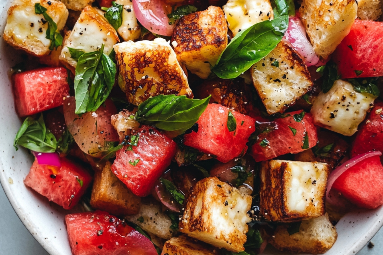 Salade panzanella au halloumi et melon d'eau