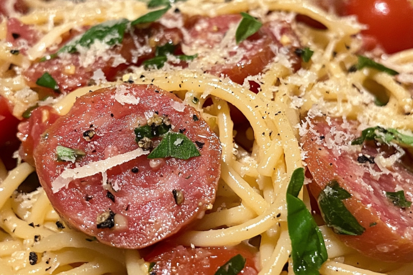 Spaghetti au salami et tomates