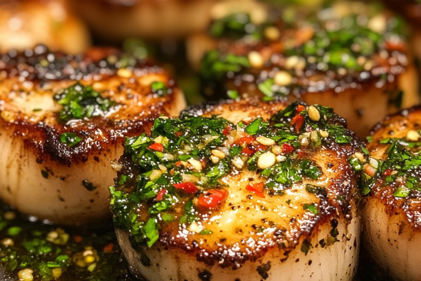 Surf and turf boeuf et pétoncles au chimichurri