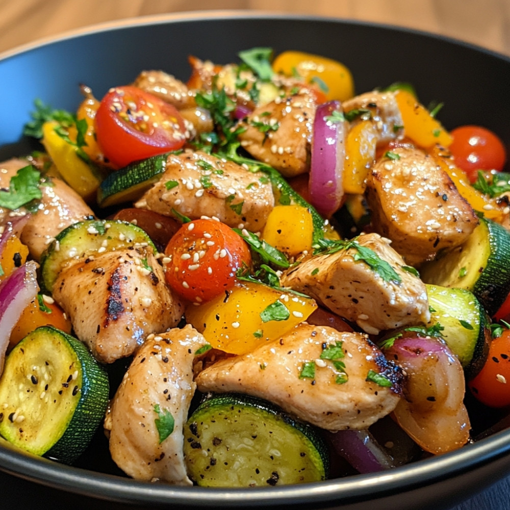 Brochettes de poulet mariné et légumes grillés