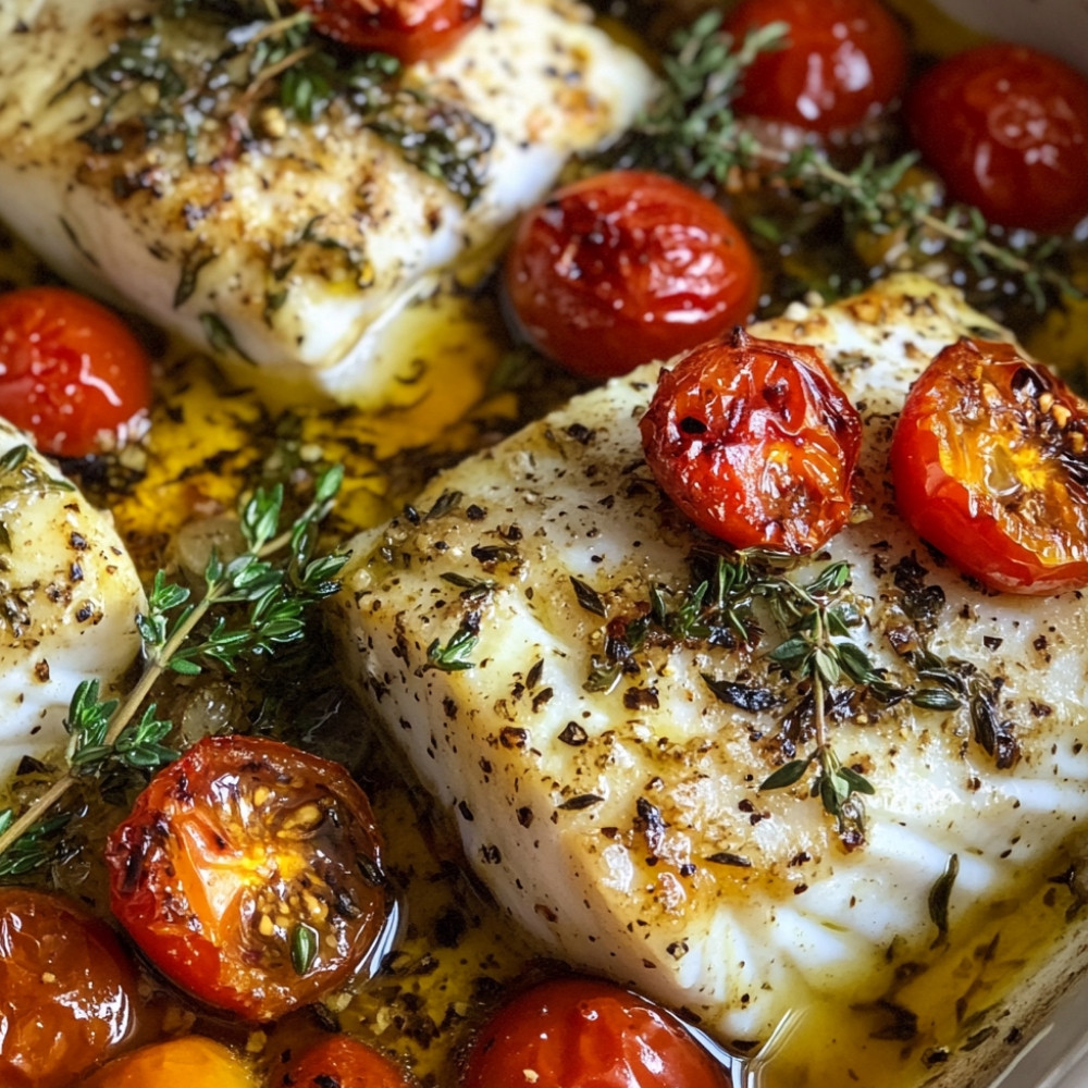 Cabillaud rôti au four, tomates cerises et thym