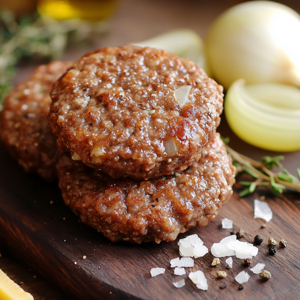 Galettes de boeuf, fromage et oignons caramélisés