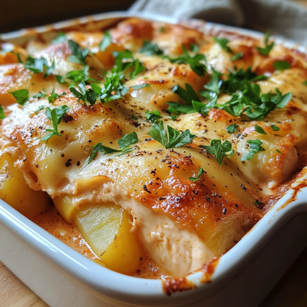 Gratin de poulet et pommes de terre à la sauce rosée