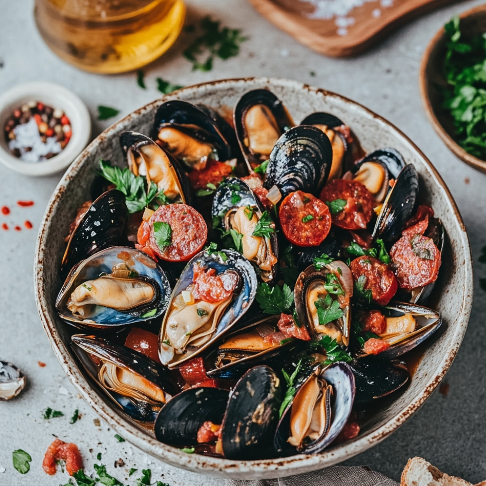 Moules à la bière blonde, tomates et chorizo