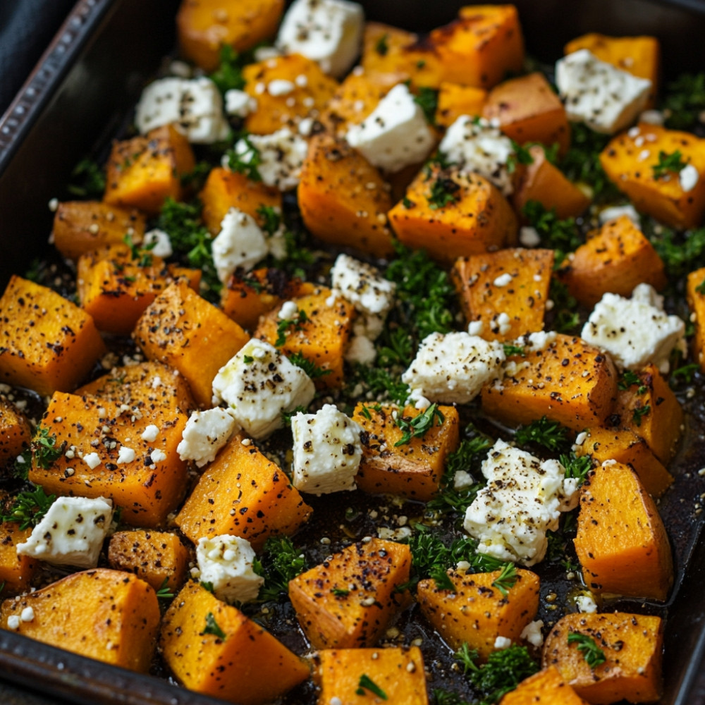 Patates douces au four, persil et feta