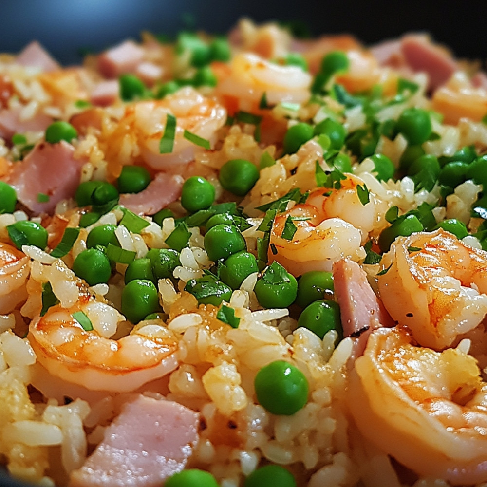 Riz sauté au jambon et crevettes