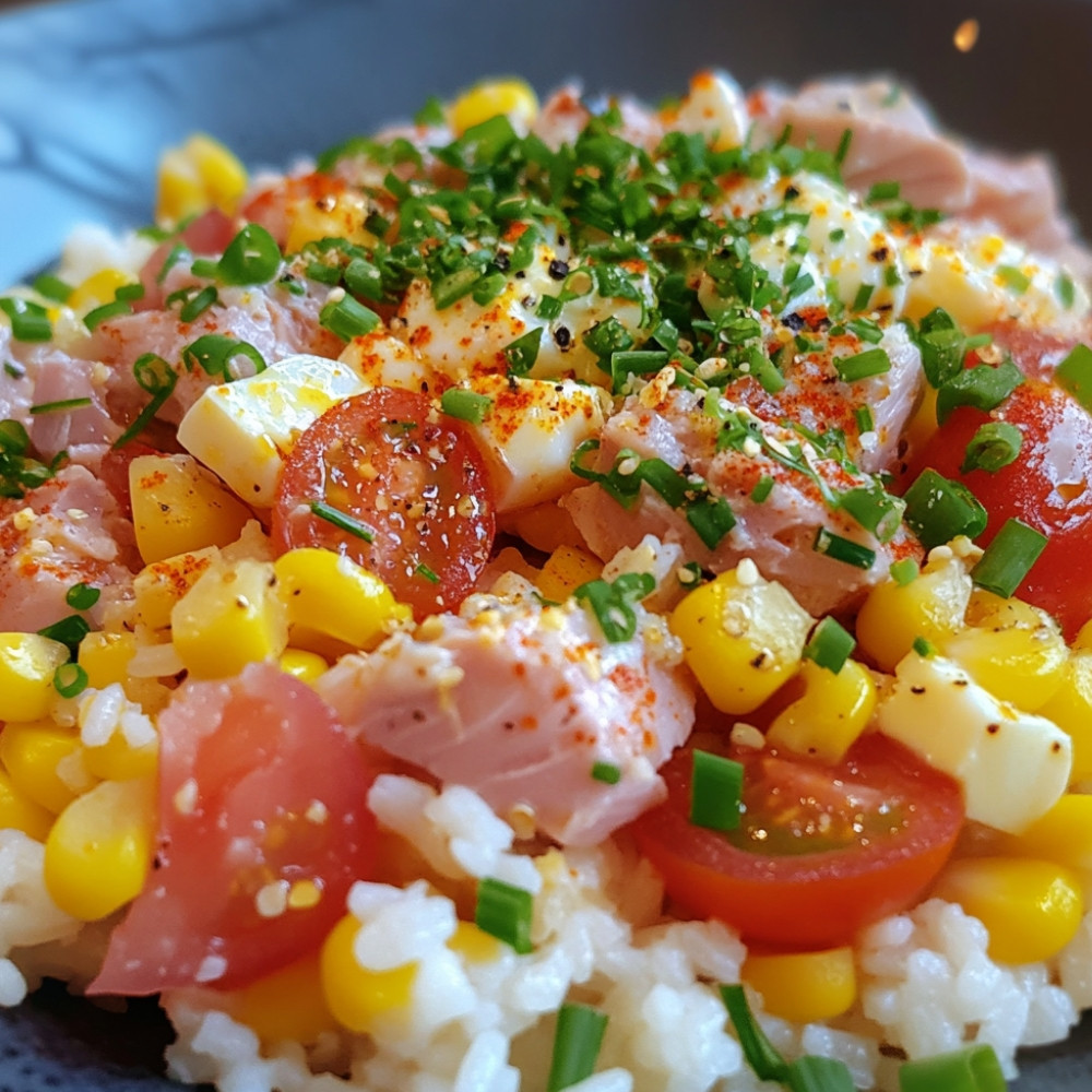 Salade de riz au maïs, tomates, œufs et thon