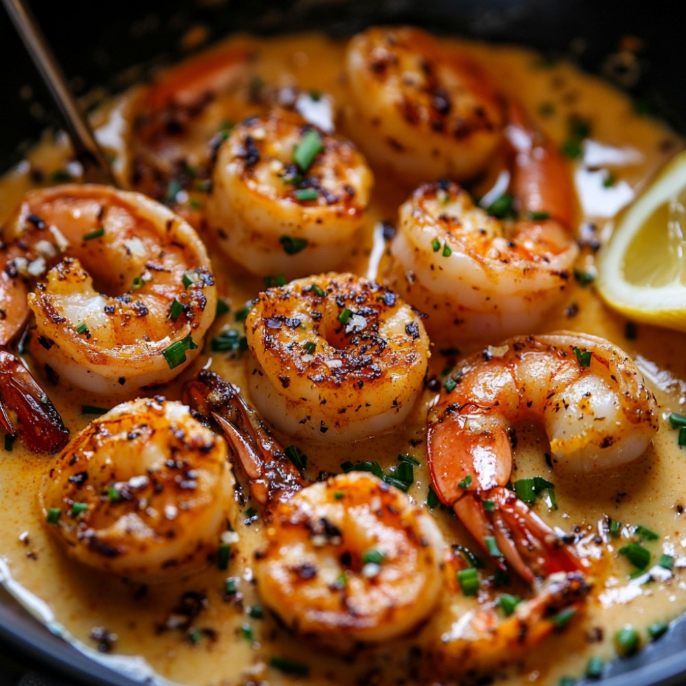 Scampis flambés sauce au curry crème