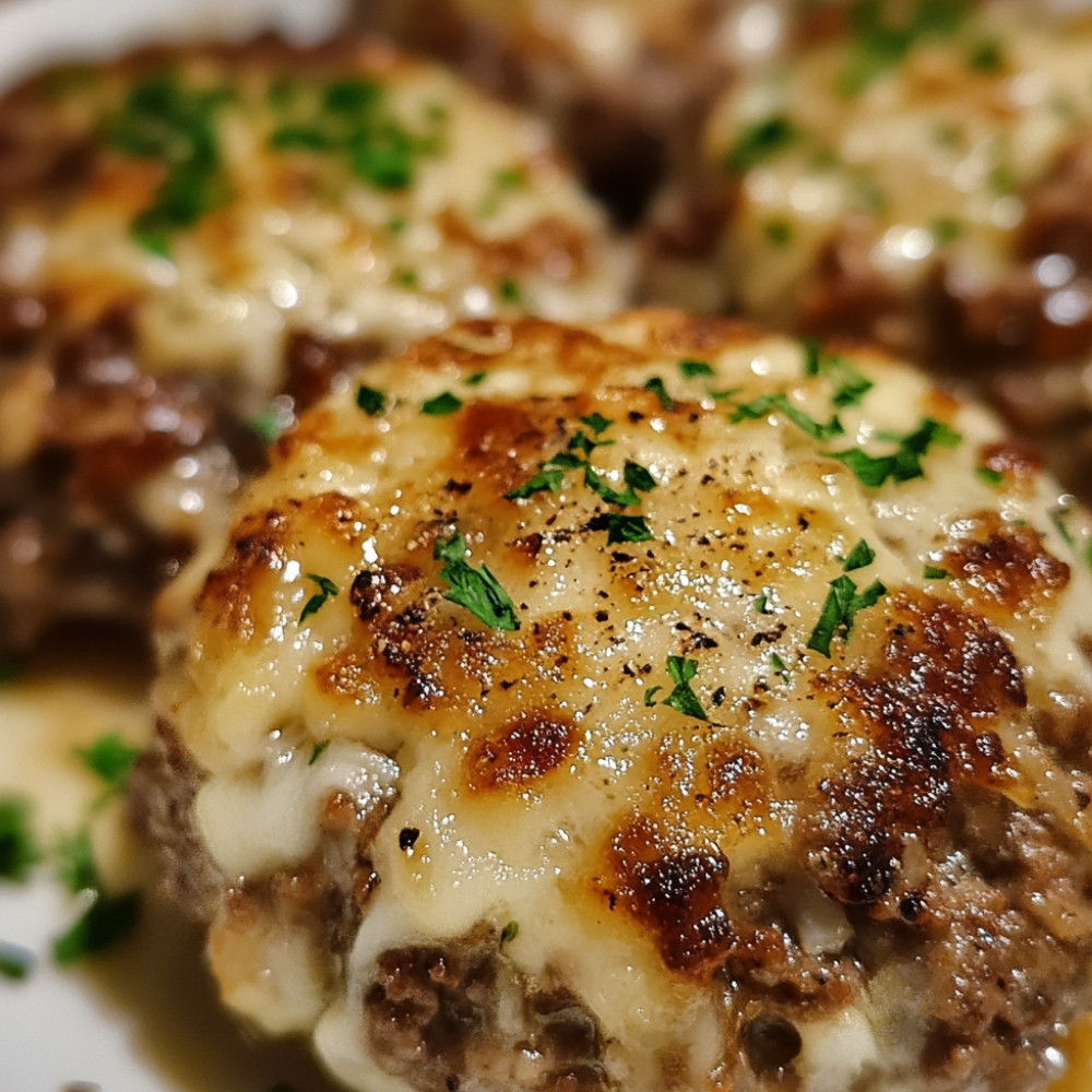 Galettes de boeuf, fromage et oignons caramélisés