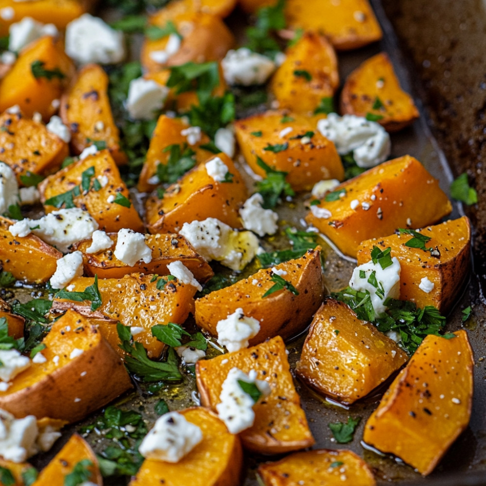 Patates douces au four, persil et feta