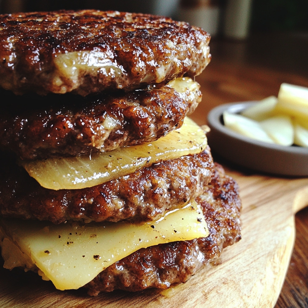 Galettes de boeuf, fromage et oignons caramélisés
