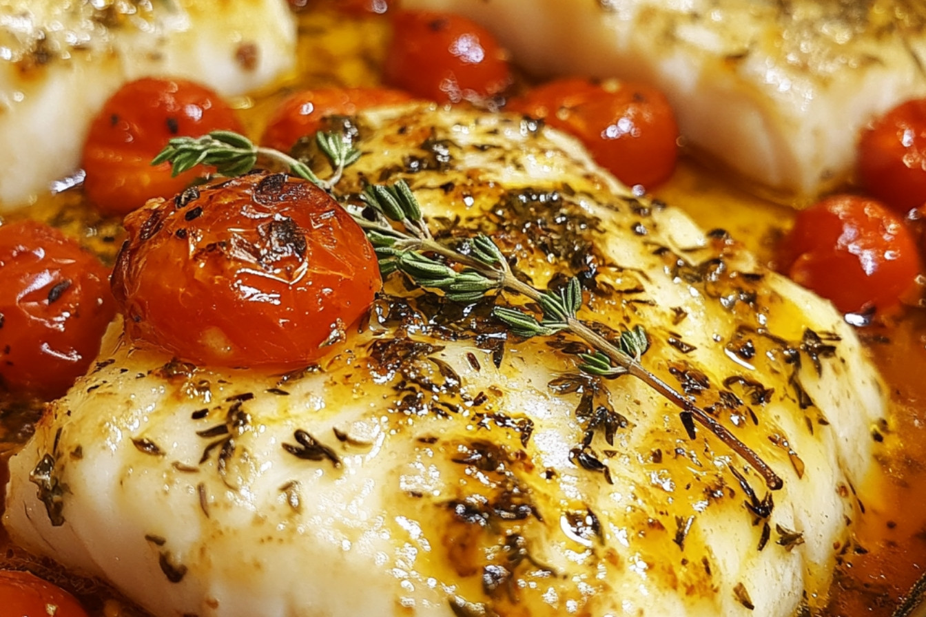 Cabillaud rôti au four, tomates cerises et thym