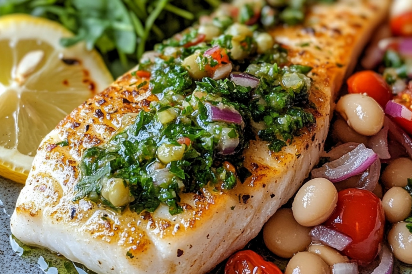 Filet de bar à la salsa verde et salade de haricots