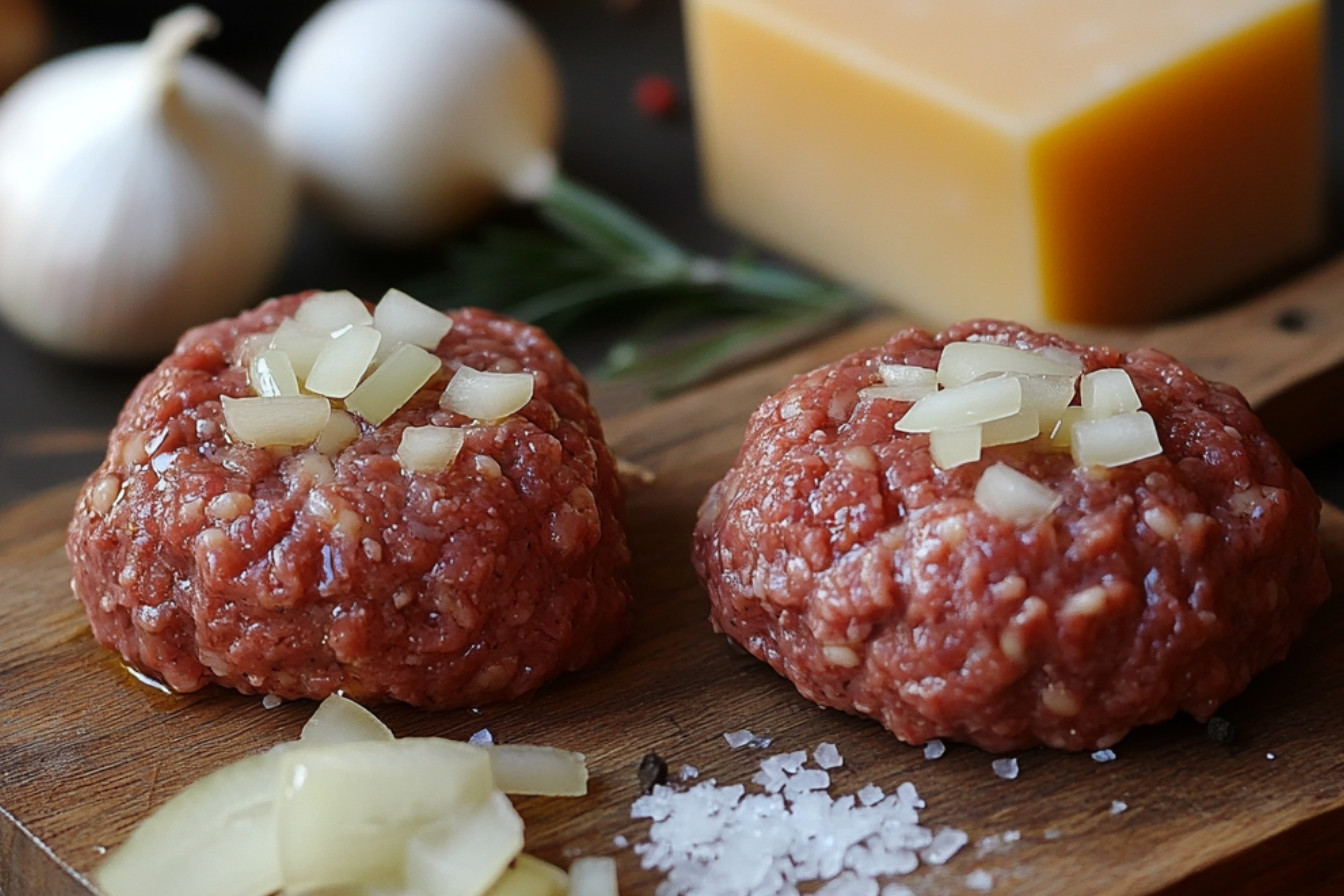 Galettes de boeuf, fromage et oignons caramélisés