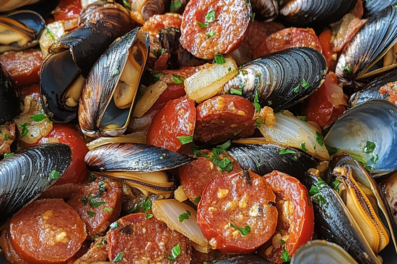 Moules à la bière blonde, tomates et chorizo