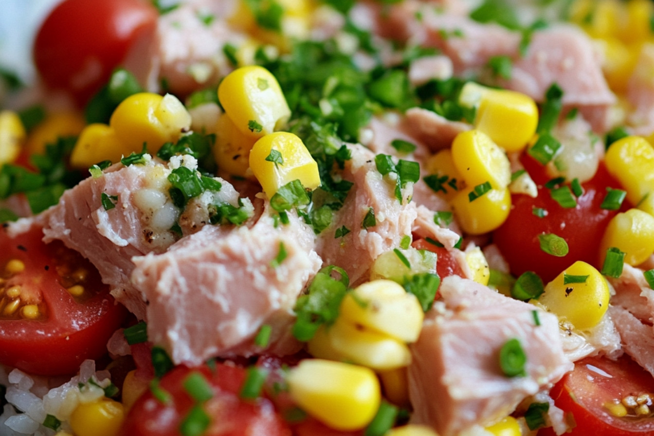 Salade de riz au maïs, tomates, œufs et thon