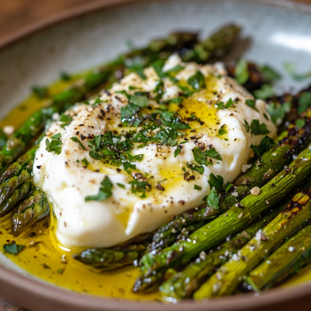 Burrata aux asperges grillées