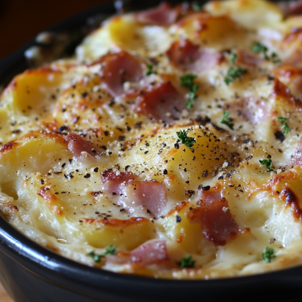 Gratin de jambon haché, pommes et bacon